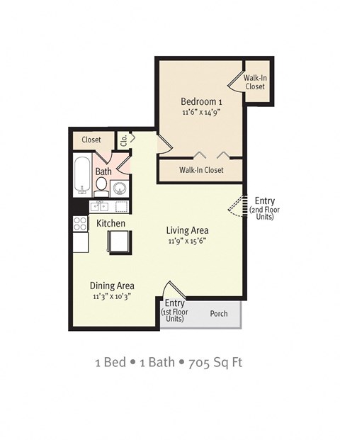 Floor plan for 1 bed, 1 bath, 705 sqft